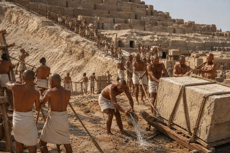Workers raise stone blocks at a pyramid site during a 900-year construction era that ended roughly 1,600 years before&hellip;