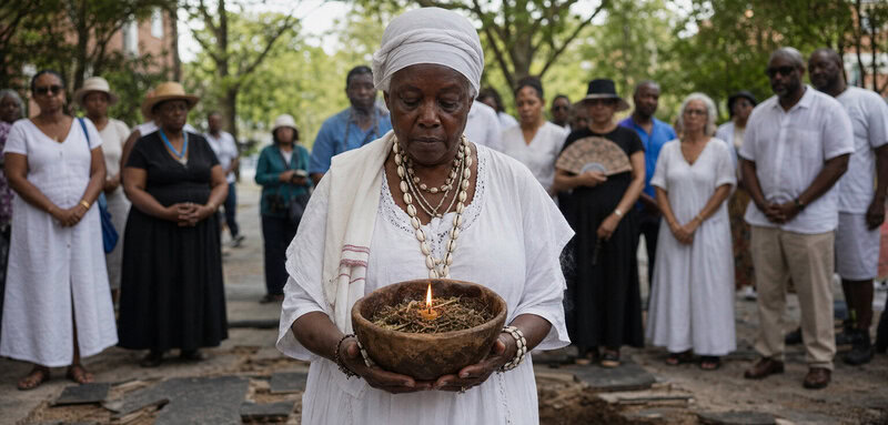 A ceremonial offering marks the site of Charleston's Coming Street burial ground, where thousands of enslaved people lie…