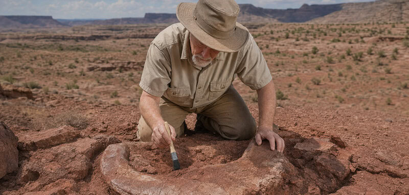 A paleontologist brushes fossil bone from red ironstone near Moab, Utah, where excavations have recently yielded four…