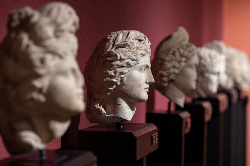 Row of ancient marble busts with detailed hairstyles in a museum setting directly matches the article