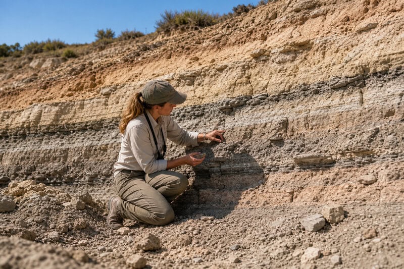 A geologist examines exposed rock strata of the kind used to bracket Utah