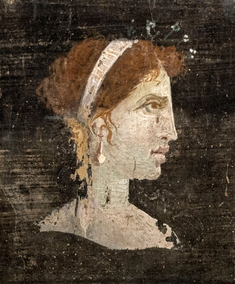 A Roman fresco portrait of a woman showing period-accurate hairstyle with headband, directly relevant to Roman women