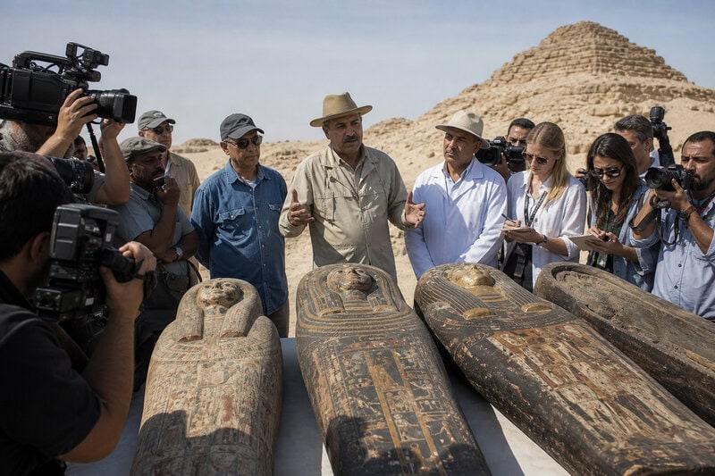 A scene from the Saqqara press announcement of three sealed, 4,000-year-old sarcophagi — a find that survived ancient…