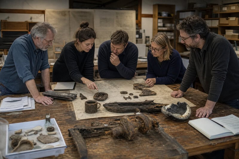 Archaeologists examine artifacts and charts in a lab setting like those used to analyze the unidentified Nantucket shipwreck