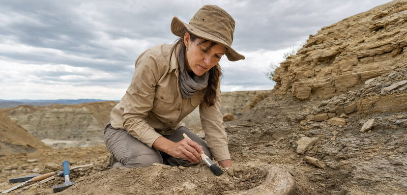 A geologist brushes exposed fossil bone at a Utah site where excavations may reveal North America's oldest Cretaceous bonebed
